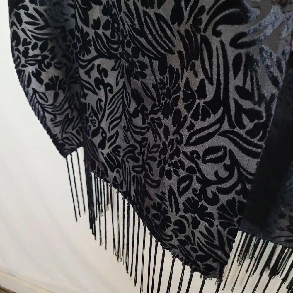 Black Velvet Burnout Floral Fringe Scarf Shawl Boho Gothic Whimsigoth 72x21.5